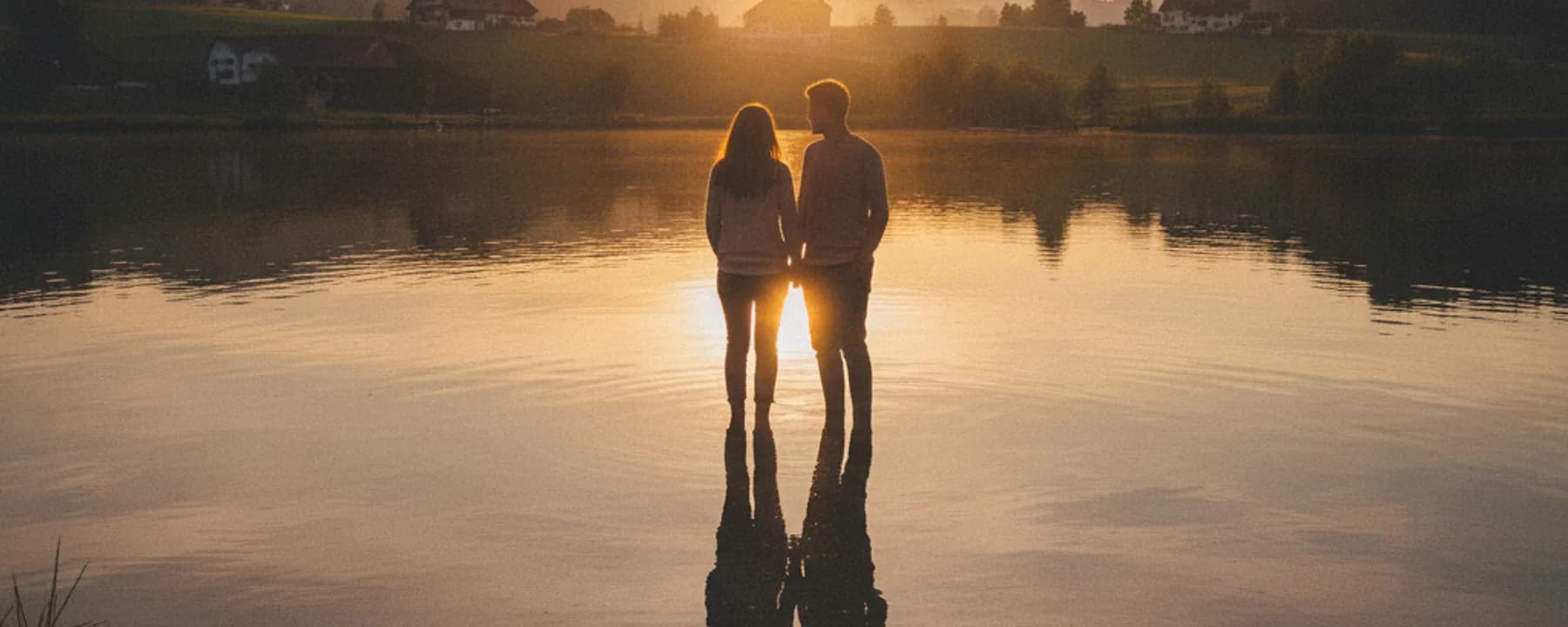 Paar am Ufer eines Sees bei Sonnenuntergang