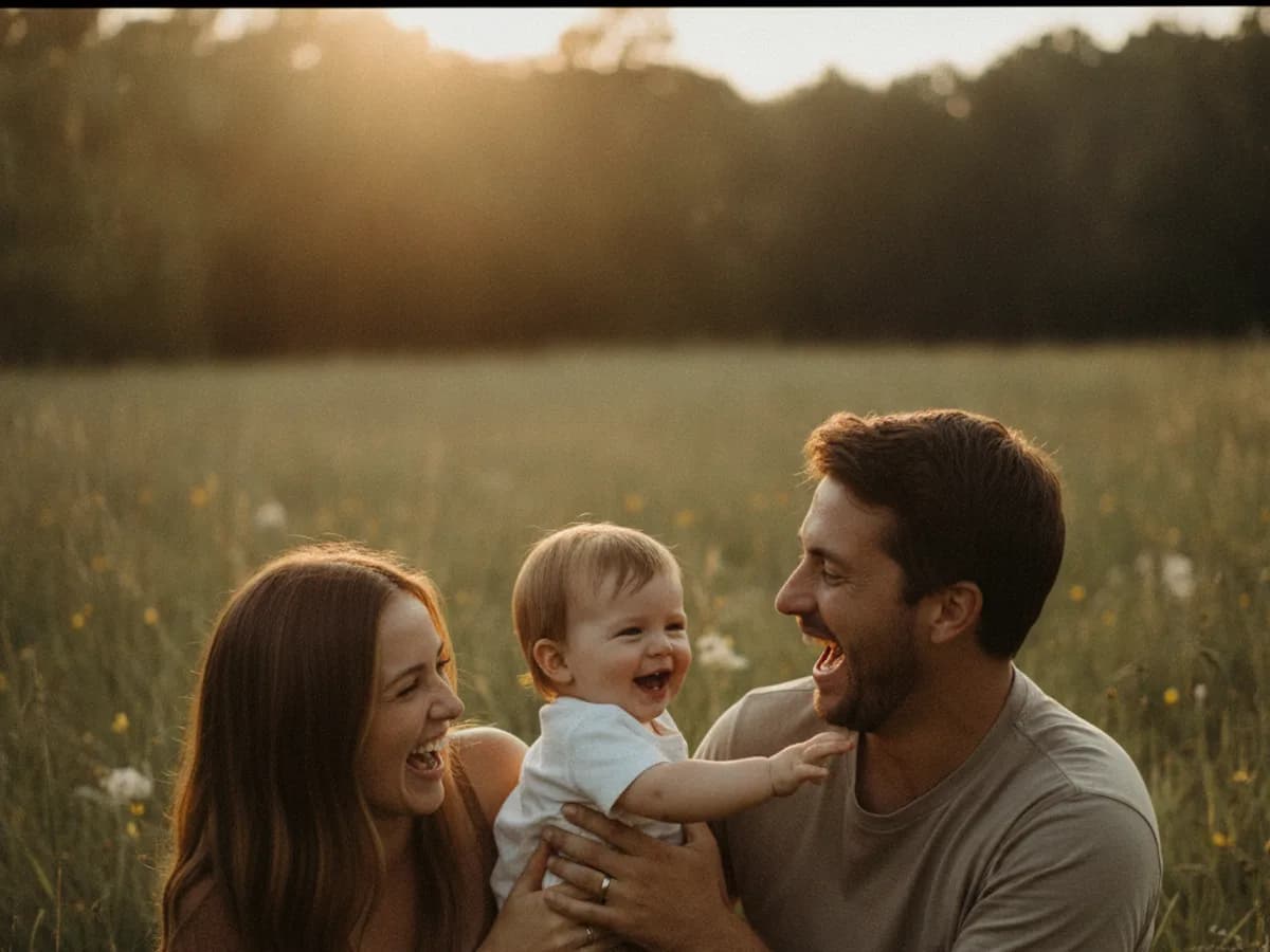 Familie lacht gemeinsam auf einer Wiese