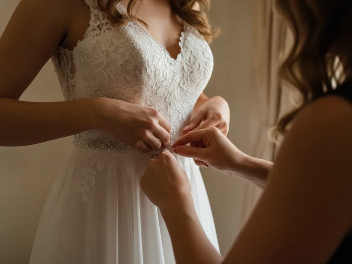 Letzte Handgriffe am Brautkleid vor der Trauung